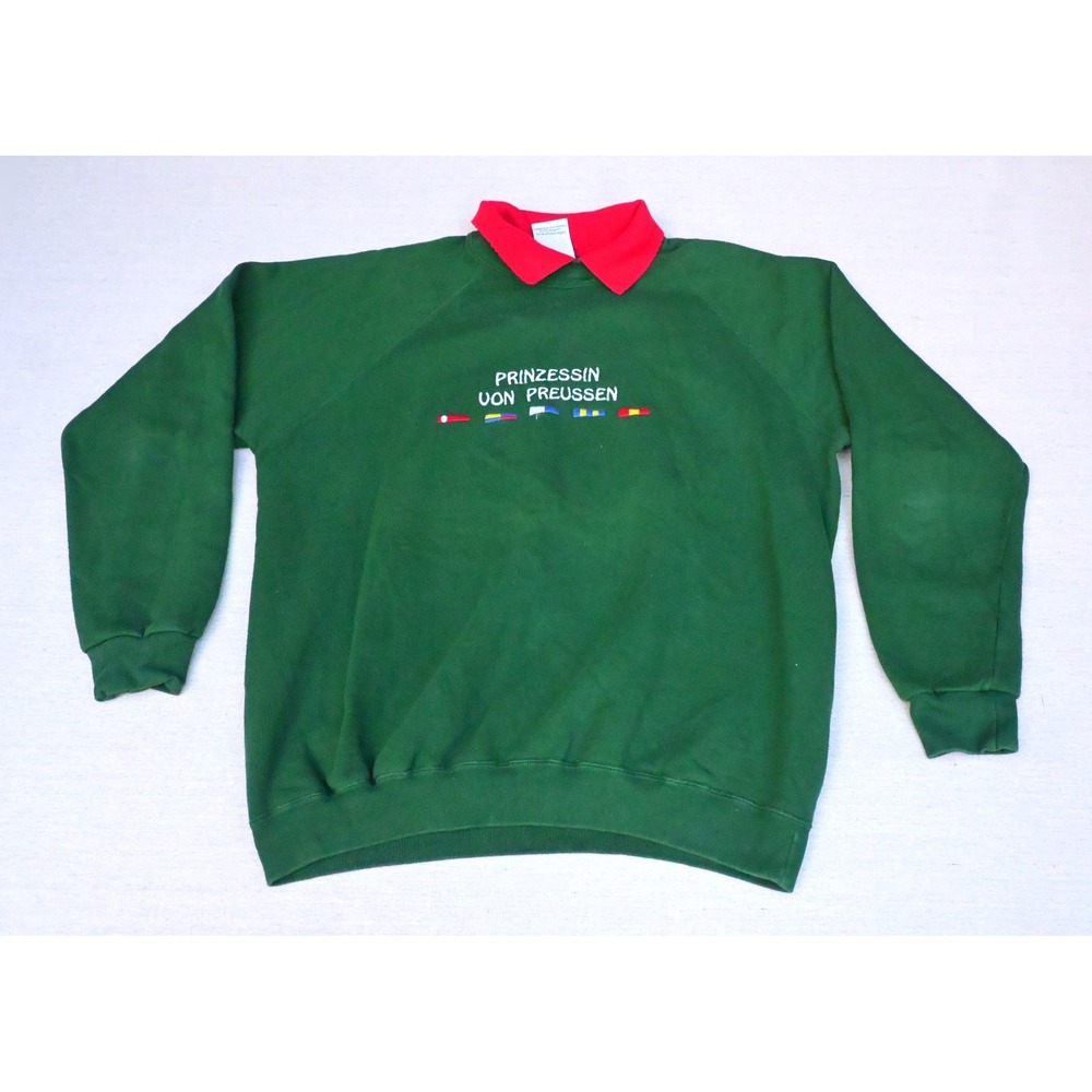 Vintage 90s Hanes Size L Green Sweatshirt Red Collar Prinzessin Von Preussen